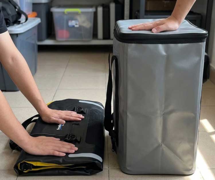 The empty Sealock 840D TPU waterproof luggage bag can be flattened for storage, showcasing the flexible advantages of TPU