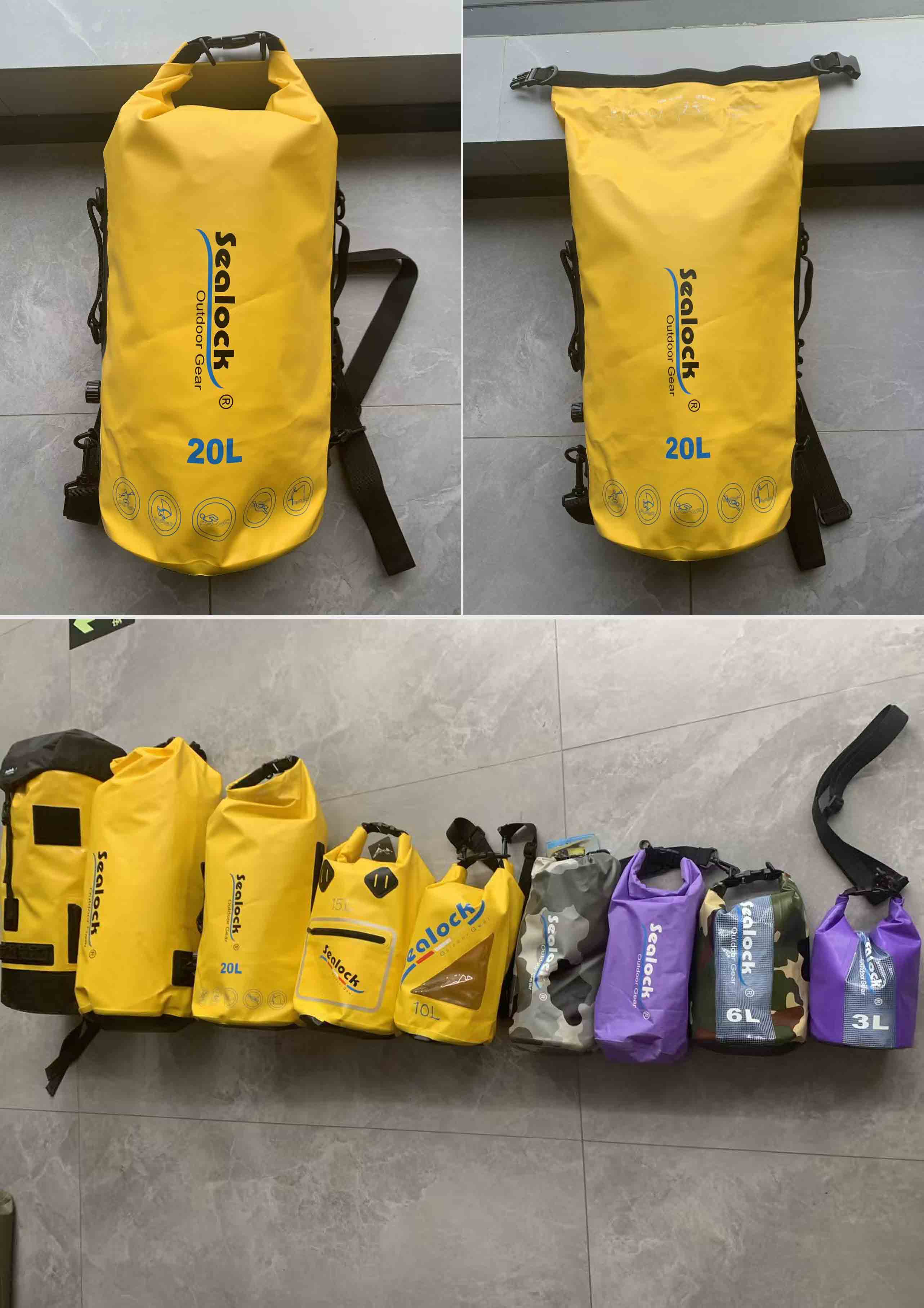 Custom dry bag rated vs usable capacity after roll-top closure, and a capacity ladder from 2L to 60L